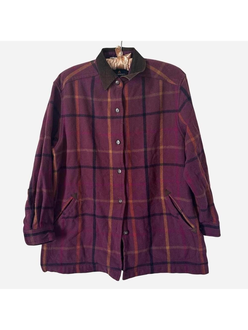 RARE 90s Y2K Lizsport Plaid Wool Barn Coat Burgundy Corduroy Collar Size M